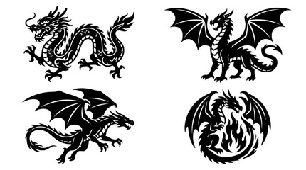 Fototapeta premium Black dragon silhouettes set. Mythical creature icons for fantasy design and logos.