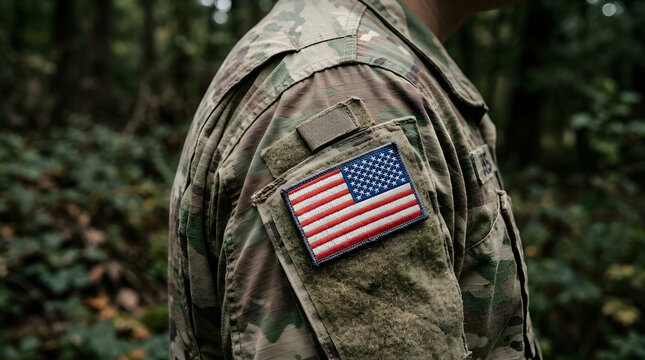 American flag patch on military camouflage uniform sleeve detail close up
