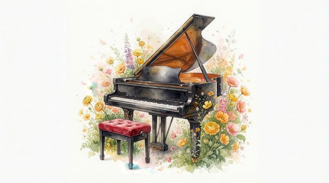 Watercolor art depicting a grand piano nestled within colorful nature and blooming flowers.