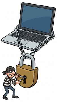 cartoon thief picking giant padlock chained around laptop computer. cyber security, data protection, hacking, cybercrime, information privacy concept. antivirus software, internet safety. web design.