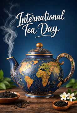 Beautiful decorative world map teapot with steam and tea leaves for international tea day celebration