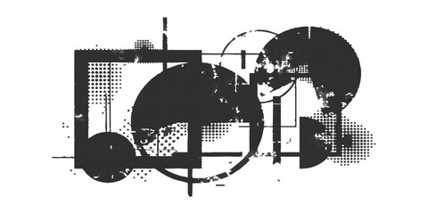 Obraz premium Abstract geometric composition with black circles squares and dotted halftone patterns for modern design art