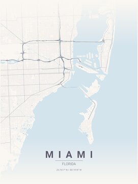 Modern Miami City Map Poster Design, Pastel Dream Style Urban Street Grid Cartography