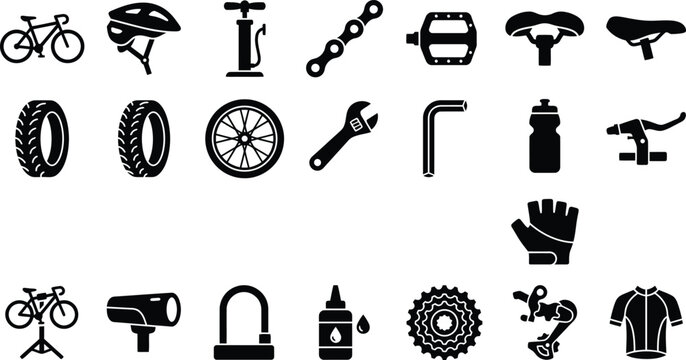 Bicycle and cycling equipment icons bicycle helmet pump chain pedal saddle tire wheel wrench.