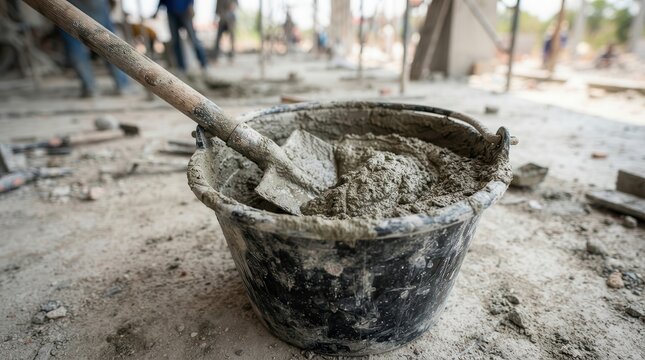 Texture and grit of building materials in a bucket with a shovel resting inside.