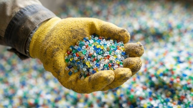 Recycled plastic pellets held in a worker's hand symbolize environmental responsibility and sustainability.