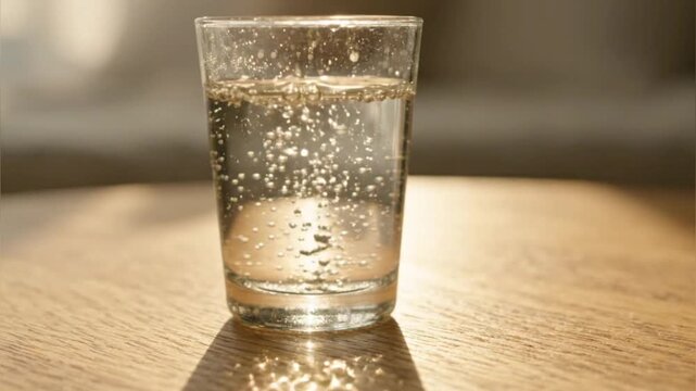 a glass of water sits on a wooden table, with bubbles slowly rising inside