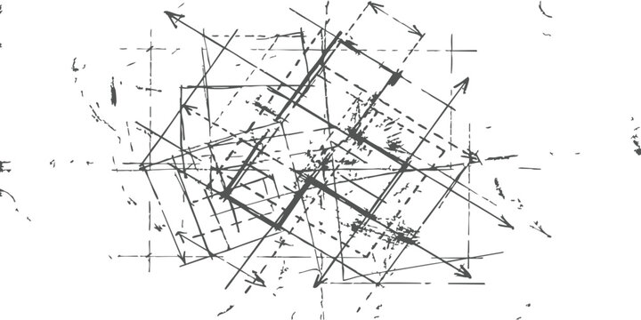 Abstract architectural hand drawn pencil sketch with geometric lines and arrows representing complex design