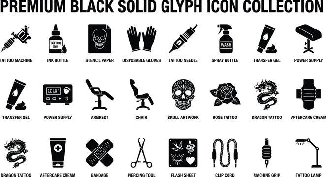 Tattoo parlor and body art professional equipment icons set including machines inks and skin tools.