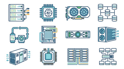 Fototapeta premium Dynamic Illustrated Guide to Modern Data Centers AI GPUs and Server Components with Cooling Systems