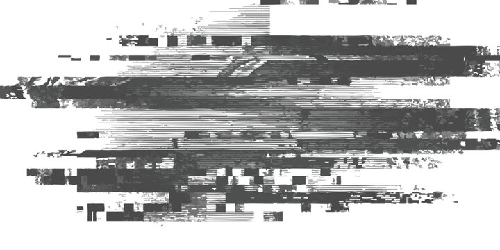 Abstract digital glitch art with black and white horizontal lines and pixelated noise signal interference effect
