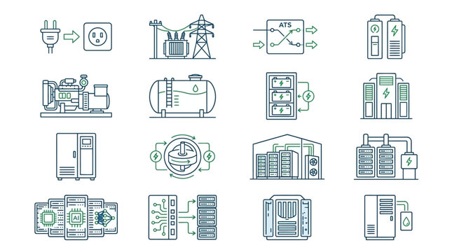 Corporate Data Center Infrastructure and Backup Power Solutions Illustrated with Minimalist Line Icons