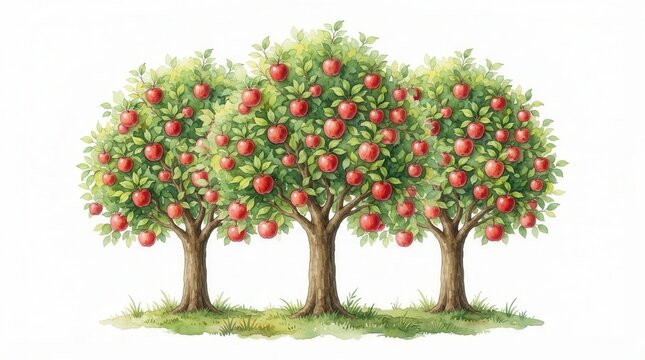 Vibrant landscape featuring three fruitful apple trees full of ripe fruit.