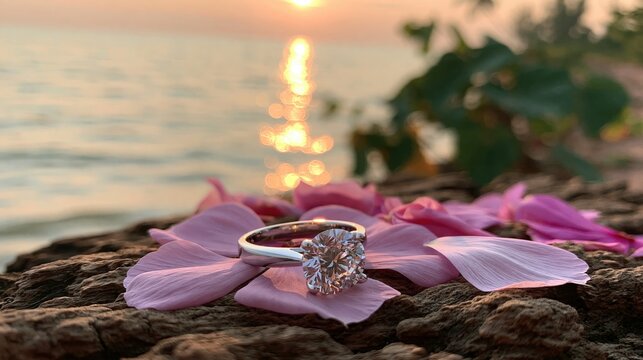 A sparkling diamond ring rests on delicate pink flower petals against a serene sunset seascape.