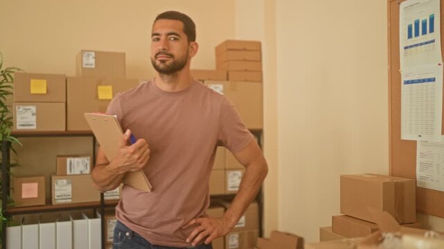 Man holding clipboard with hand on hip among packed boxes in a small business building; pride entrepreneurship.