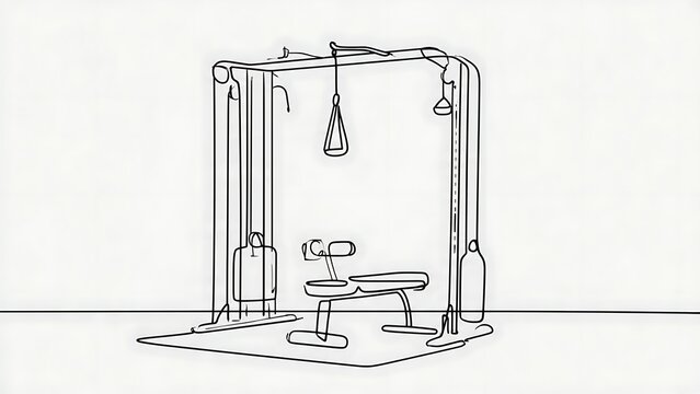 Home gym equipment setup on white background.