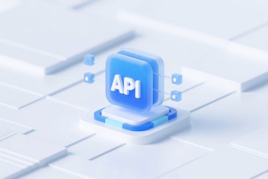 Modern blue API icon with connected nodes on a clean white digital platform, concept for software development, application integration, cloud computing, and web services