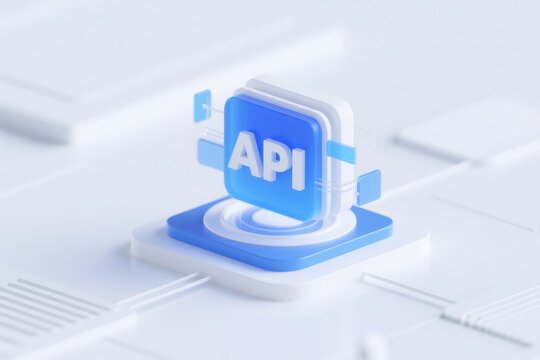 Blue API interface symbol with layered panels and connected modules on a clean technology platform, concept for software integration, cloud services, and application development