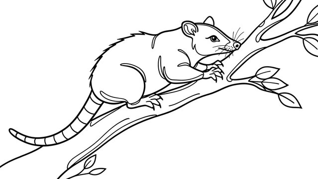 Cute cartoon possum on branch white background.