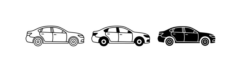Fototapeta premium Three Sedan Cars, Black and White Line Art, Automotive Icons for Transport and Travel