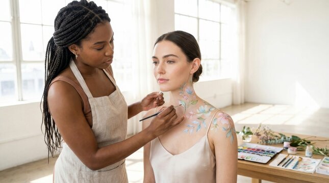Creative body painting session in a vibrant studio highlighting artistic expression and individuality