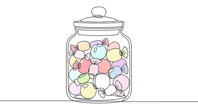 Glass jar filled with colorful candies white background.