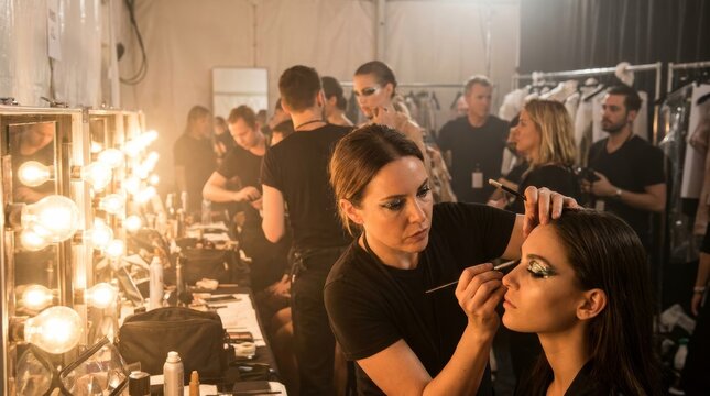 Professional makeup artist applying makeup to model backstage at fashion show with illuminated mirrors