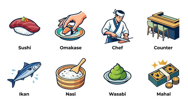 Japanese Food Icons: Sushi, Chef, Ingredients, and Dining