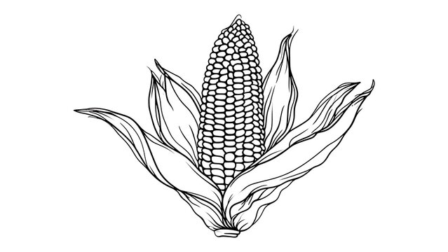Illustrated corn cob with leaves white background.
