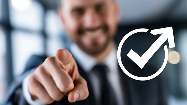 Businessman pointing at a digital checkmark icon representing success and growth
