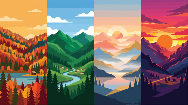 Four mountain landscape illustrations. Set of scenic nature vector designs.