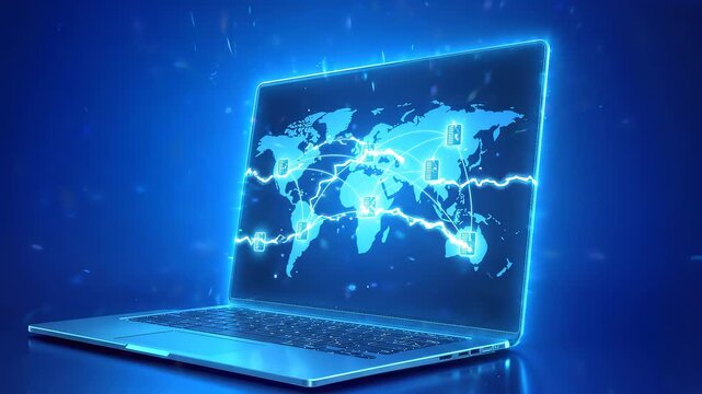 Global network map on laptop screen with glowing data connections. Lockdown wide shot.
