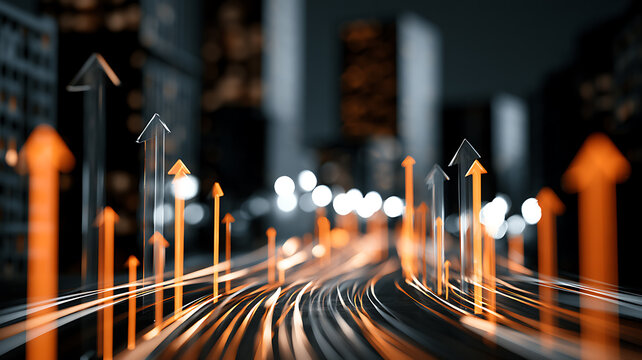 Abstract digital background with glowing orange and glass arrows pointing upwards representing business growth and success