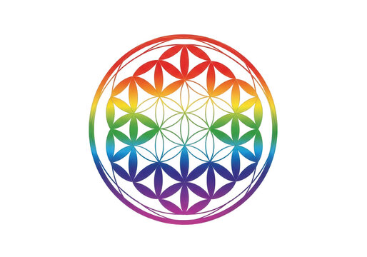 Rainbow flower of life symbol, sacred geometry mandala with colorful gradient, spiritual zen yoga icon on white background