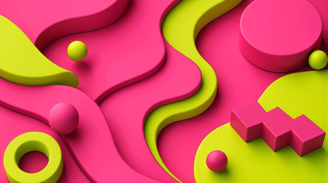 Vibrant 3D abstract background featuring hot pink and lime green wavy shapes, spheres, rings, cylinders and zigzag forms with glossy textures