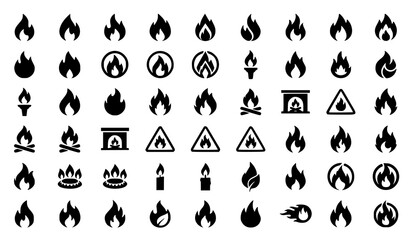 Obraz premium SEO Title: Flat Fire Flame Icon Pack with Modern Heat and Energy Symbols Vector Isolated on Solid White Background