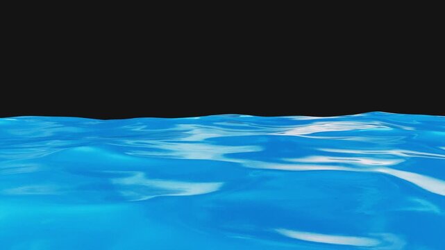 Ocean water surface with sunlight reflections and ripples on transparent background, animated 3D render for widescreen video compositing