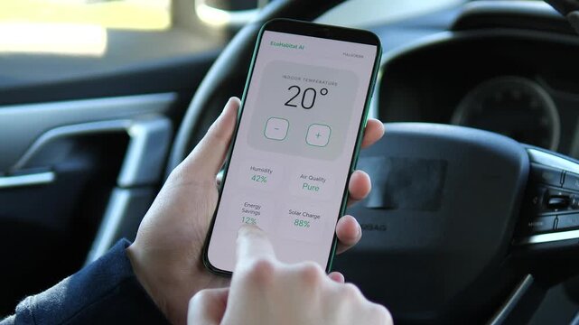 Modern smartphone app controlling eco-friendly home systems with climate monitoring and energy optimization, representing the future of smart living technology.