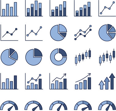  Business Analytics Chart Icons Set Blue Financial Graph Bar Chart and Dashboard Vector Symbols