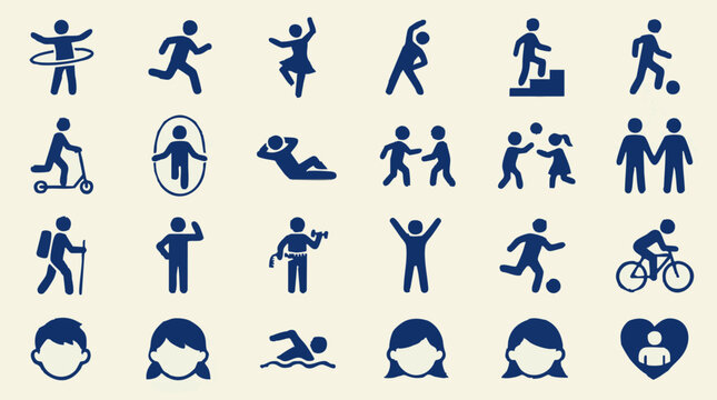 Set of blue pictograms representing various sports and lifestyle activities
