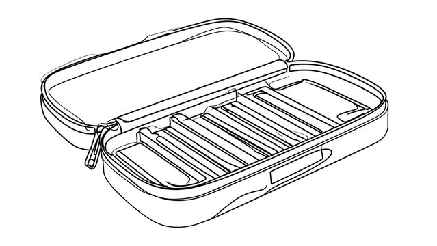 Open tin lunch box with compartments white background.