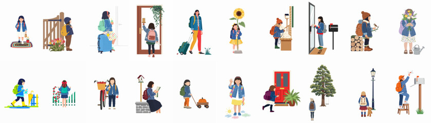 Fototapeta premium Comprehensive set of flat vector illustrations showing children and adults in everyday activities like school, travel, gardening, and exploring nature across different seasons.