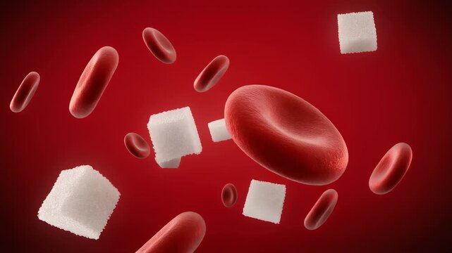 3D illustration of red blood cells and white sugar cubes representing blood sugar and diabetes concept