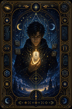 A captivating digital depicting a central figure in deep meditation, holding a glowing object within a cosmic setting of swirling blue patterns and celestial bodies.