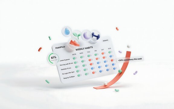 Weekly habit tracker interface with floating for water, exercise, and sleep surrounded by consistency charts on white background