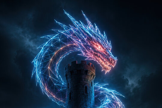 A dragon composed of blue geometric shapes resembling circuitry, standing on a gray cylindrical castle structure against a dark, starry background.