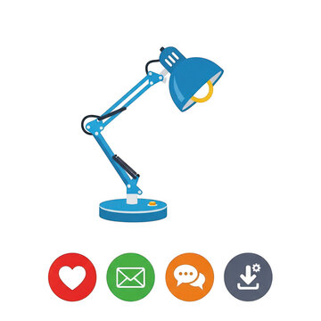 Blue desk lamp illustration with social media icons, adjustable architect table light for office workspace, modern study lamp graphic on white background