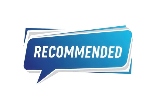 Recommended blue speech bubble banner, modern geometric callout with recommendation text, professional marketing sticker for product reviews