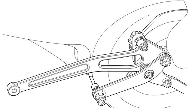 Mechanical linkage assembly on white background.