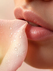 Fototapeta premium Close-up view of a person's lips with a prominent rose petal, showcasing natural beauty and delicate textures. These droplets add a sense of freshness and natural beauty to the image.